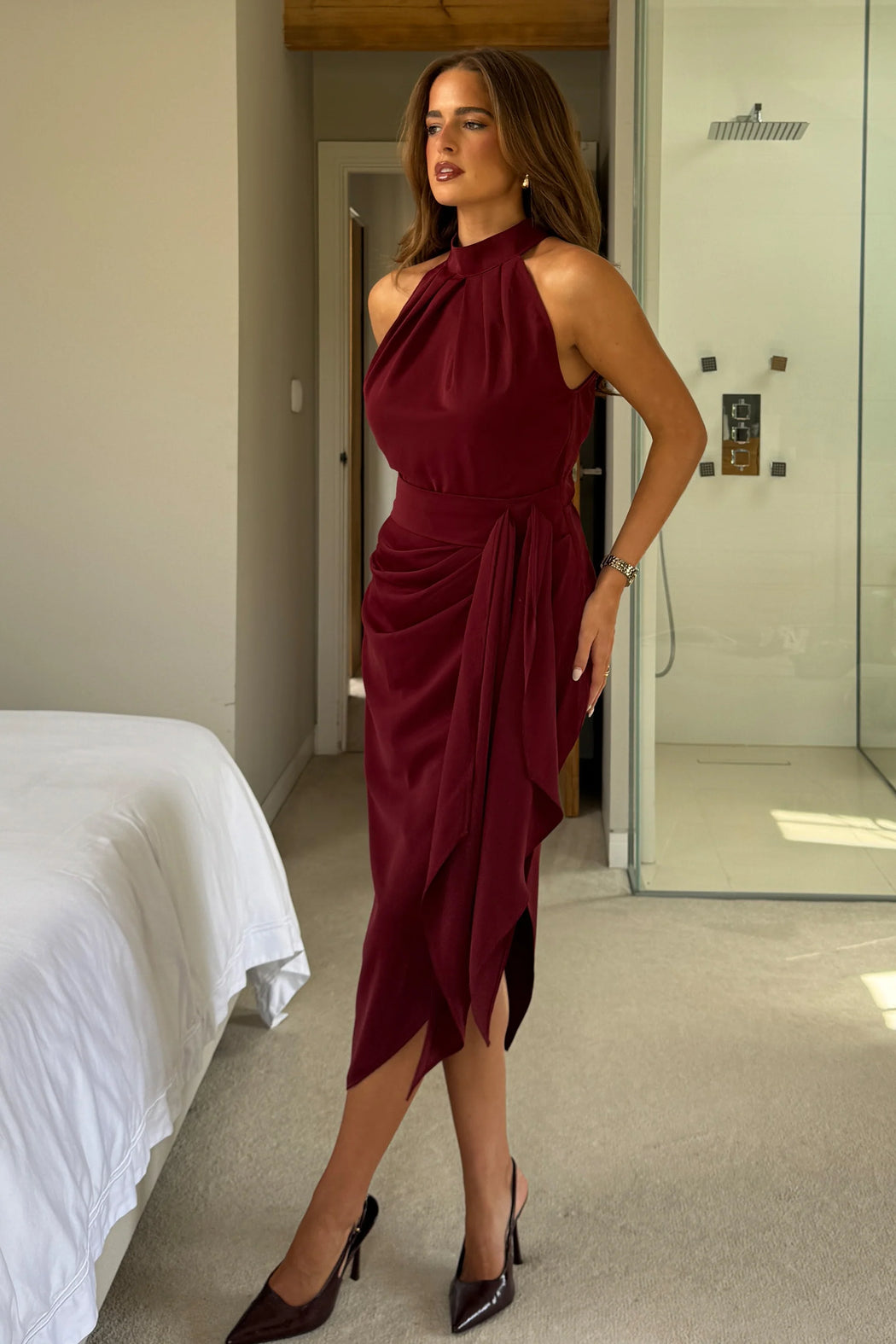 Priya berry Tie Waist Halter Neck Midi Dress