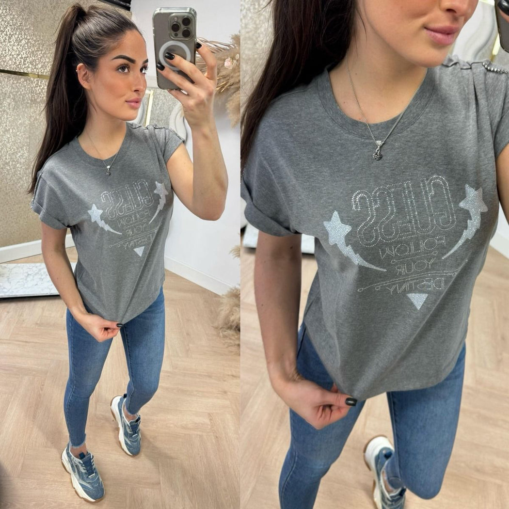 Guess strass star sleeves grey tee