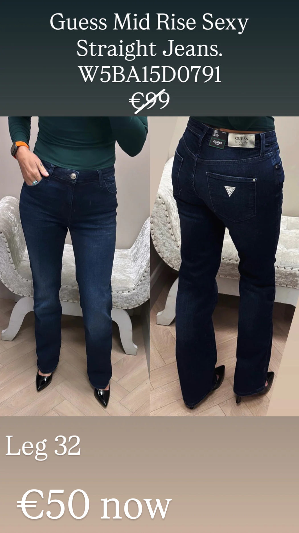 Guess Mid Rise Sexy Straight Jeans. W5BA15D0791