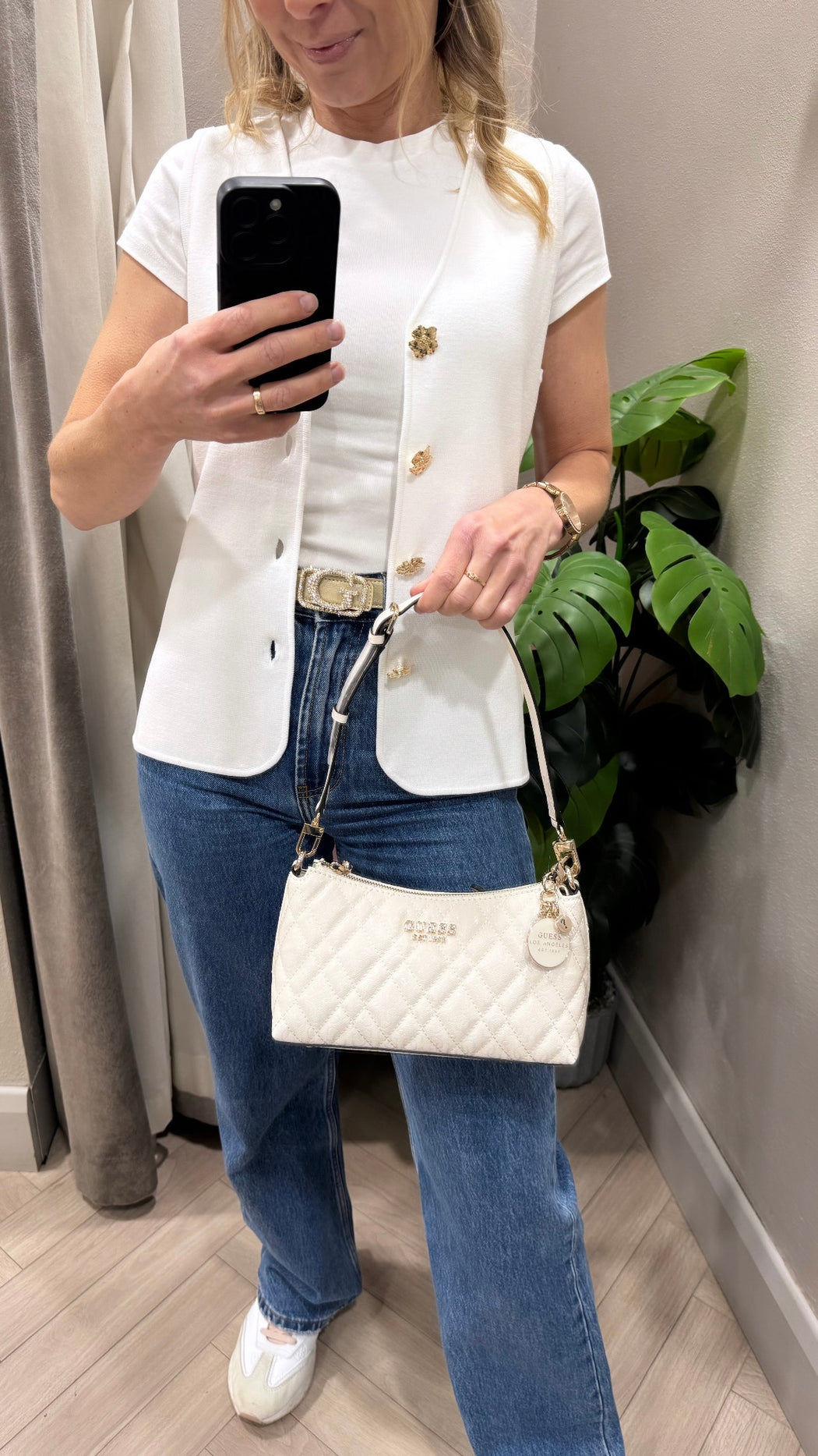 Guess off White Logo Isemay Shoulder Bag