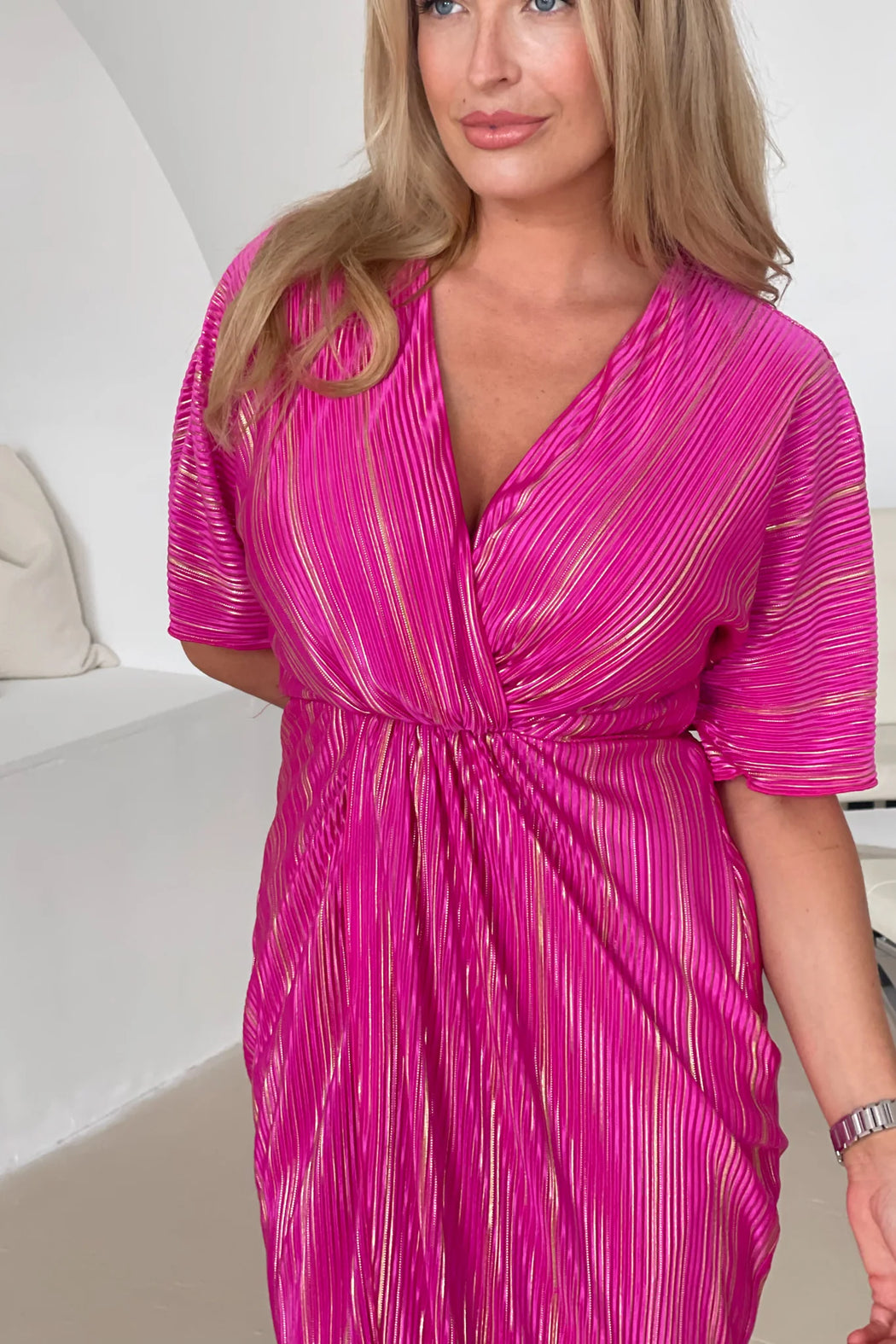 Chelsea Wrap Detailing Midi Dress Hot Pink