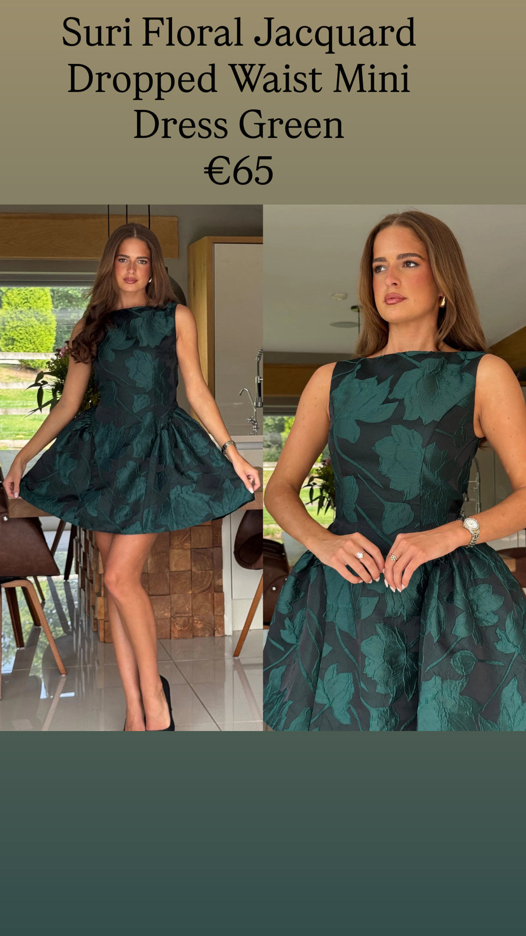 Suri Floral Jacquard Dropped Waist Mini Dress Green
