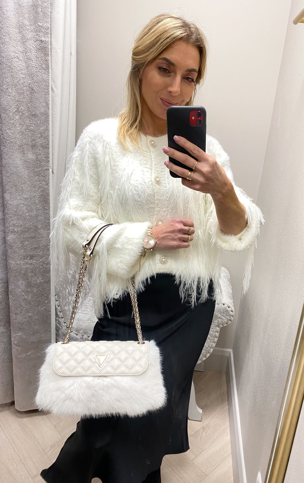 Guess stone lise flap over faux fur convertible shoulder / crossbody