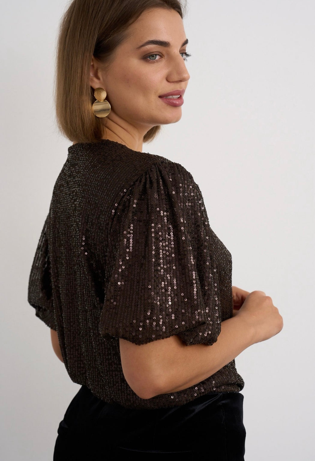 Brown sequin v neck top