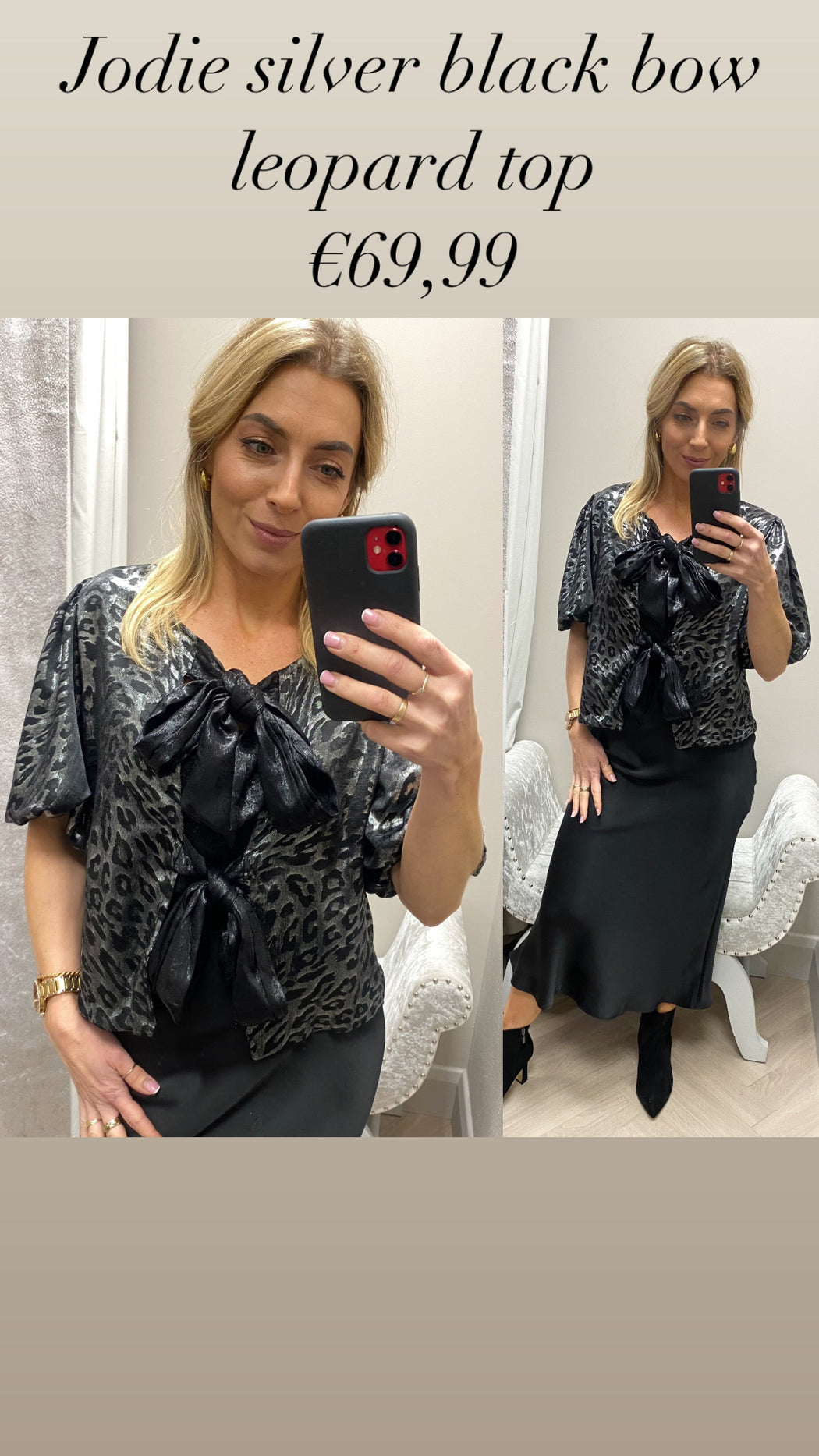 Jodie silver black bow leopard top