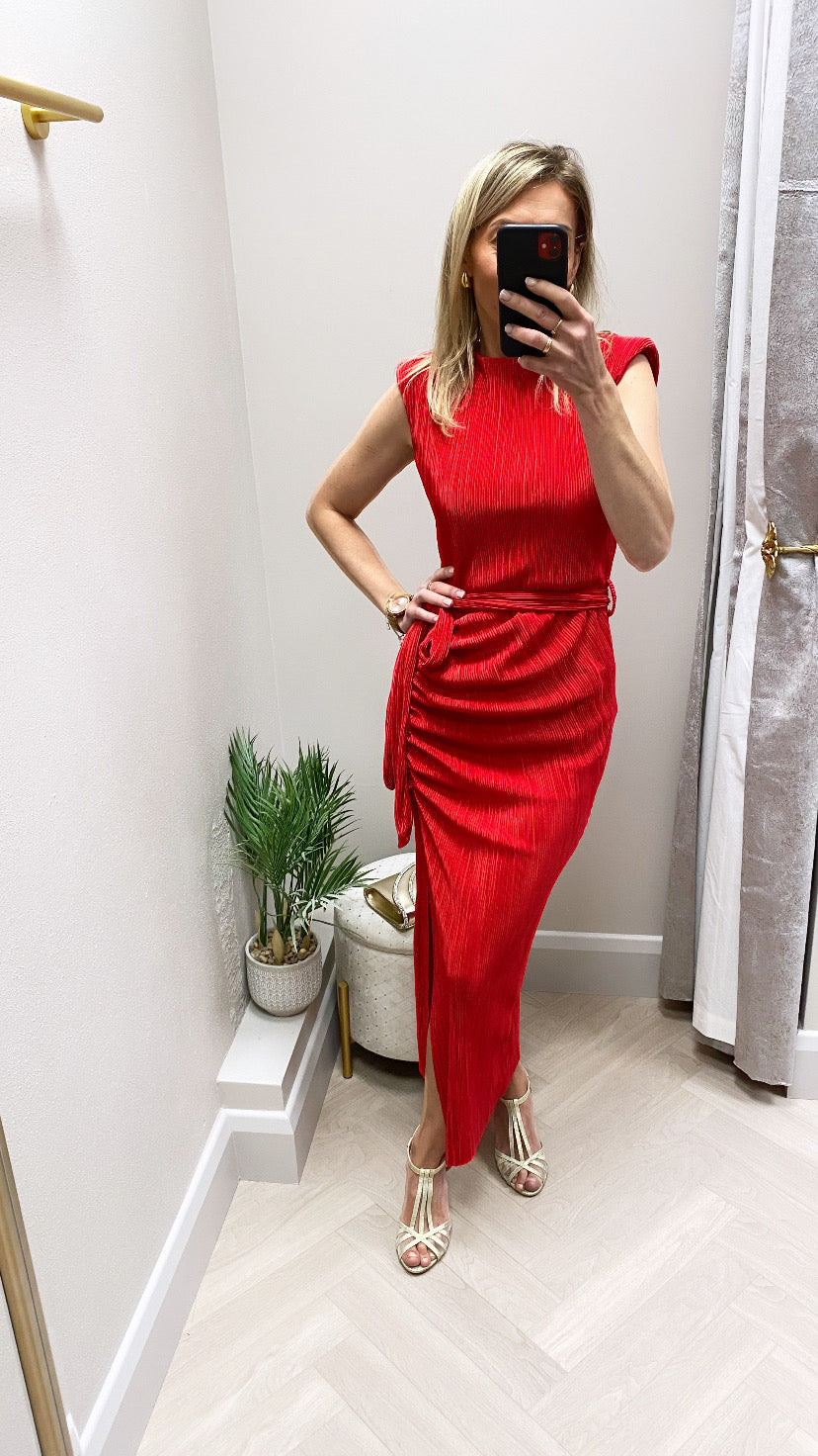 Elena  red Ruched seamed Midi Dress