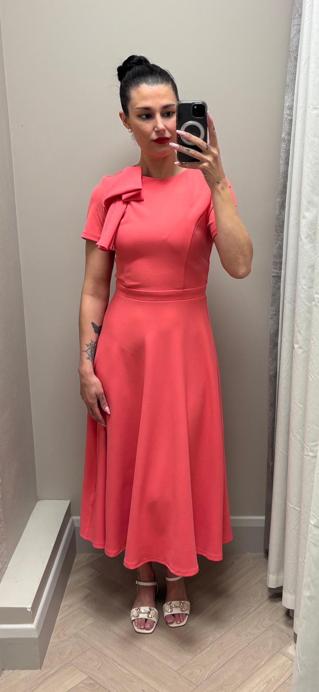 Minta Bow Detail Short Sleeve Midi Dress Coral