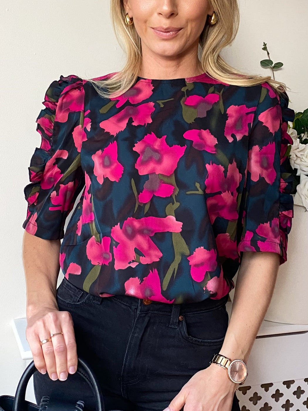 Asher Pink Floral Frill Sleeve Top