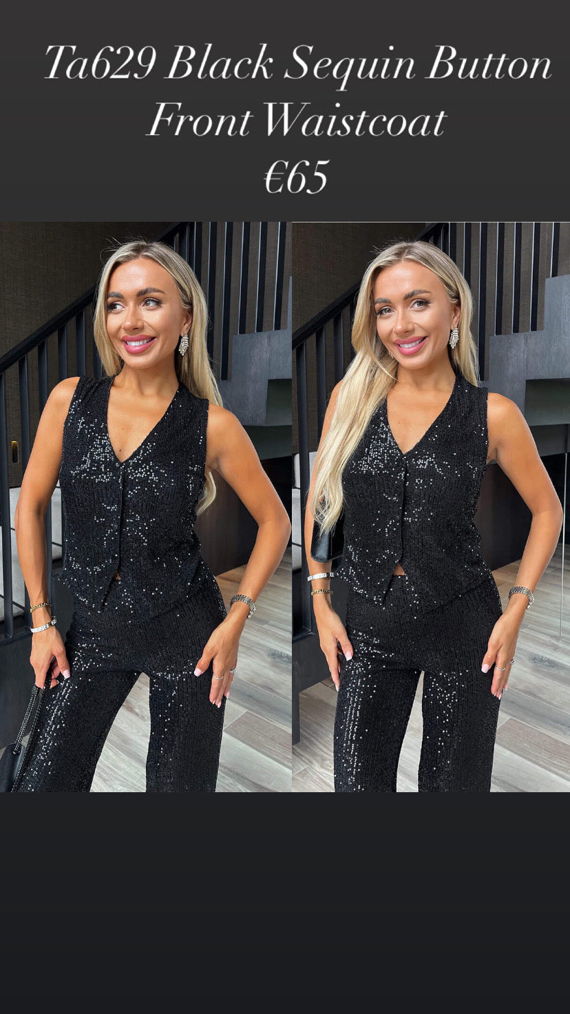 Ta629 Black Sequin Button Front Waistcoat