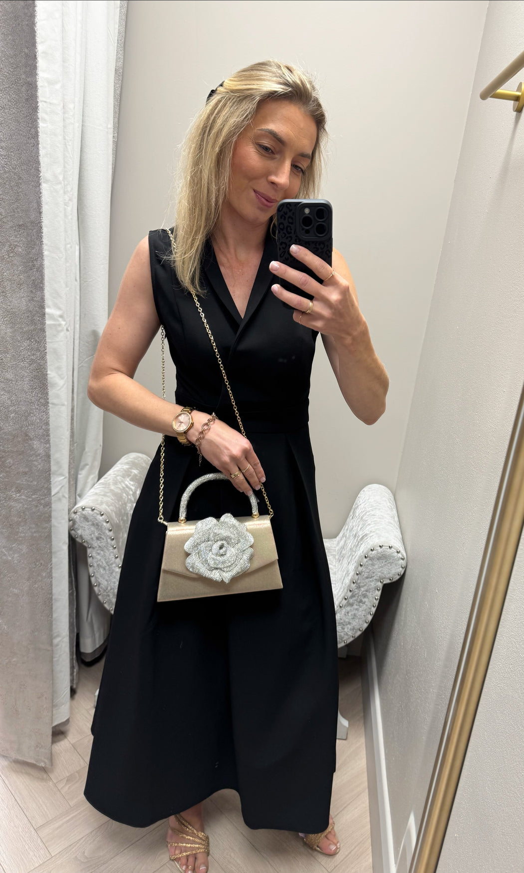 Rhinestone rose flower gold bag