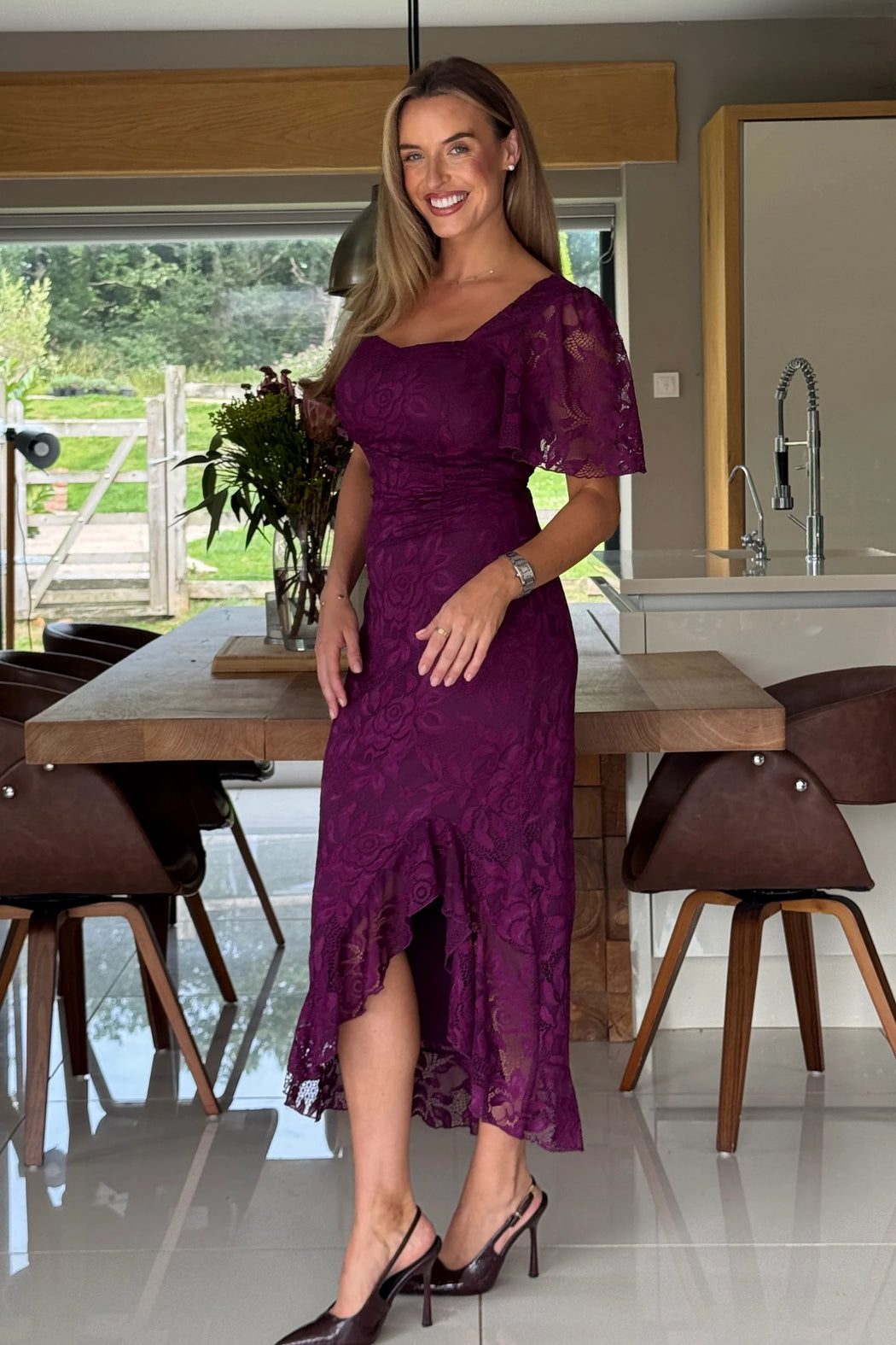 Heidi Lace Ruched Midi Dress Plum