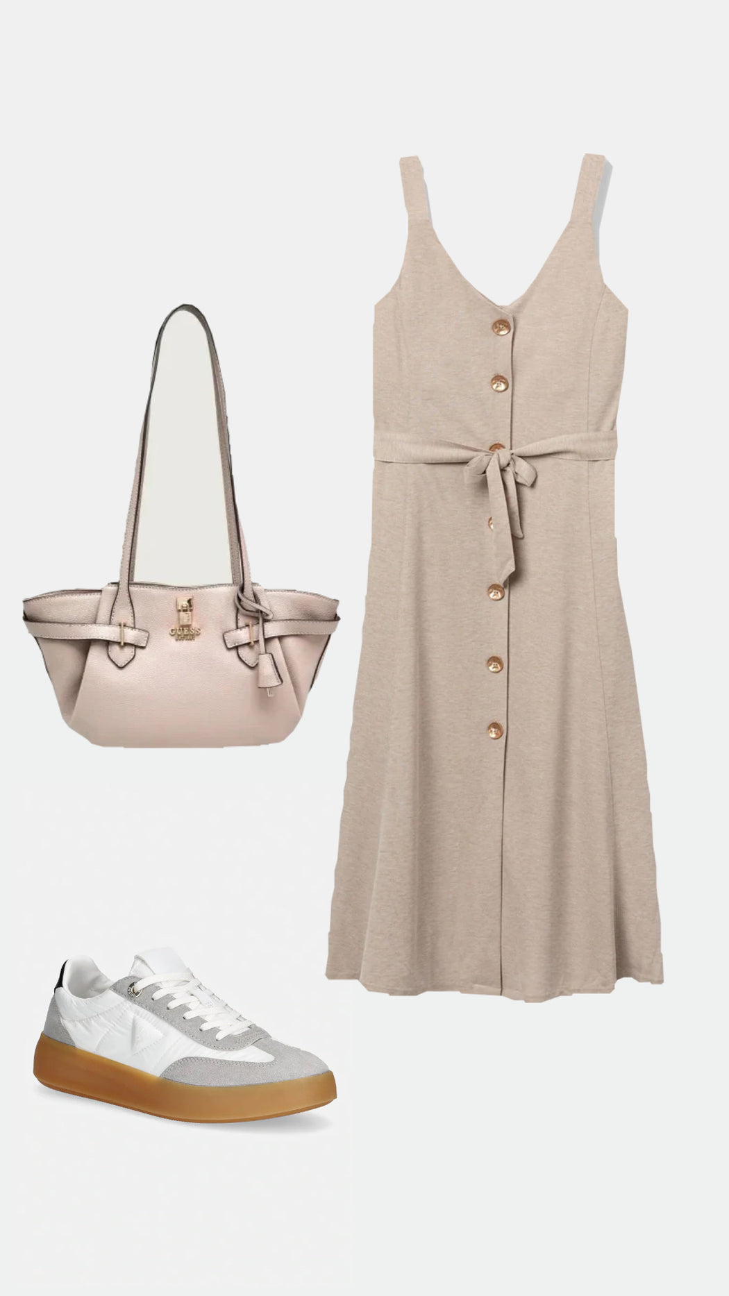 Shara beige gold button detail dress
