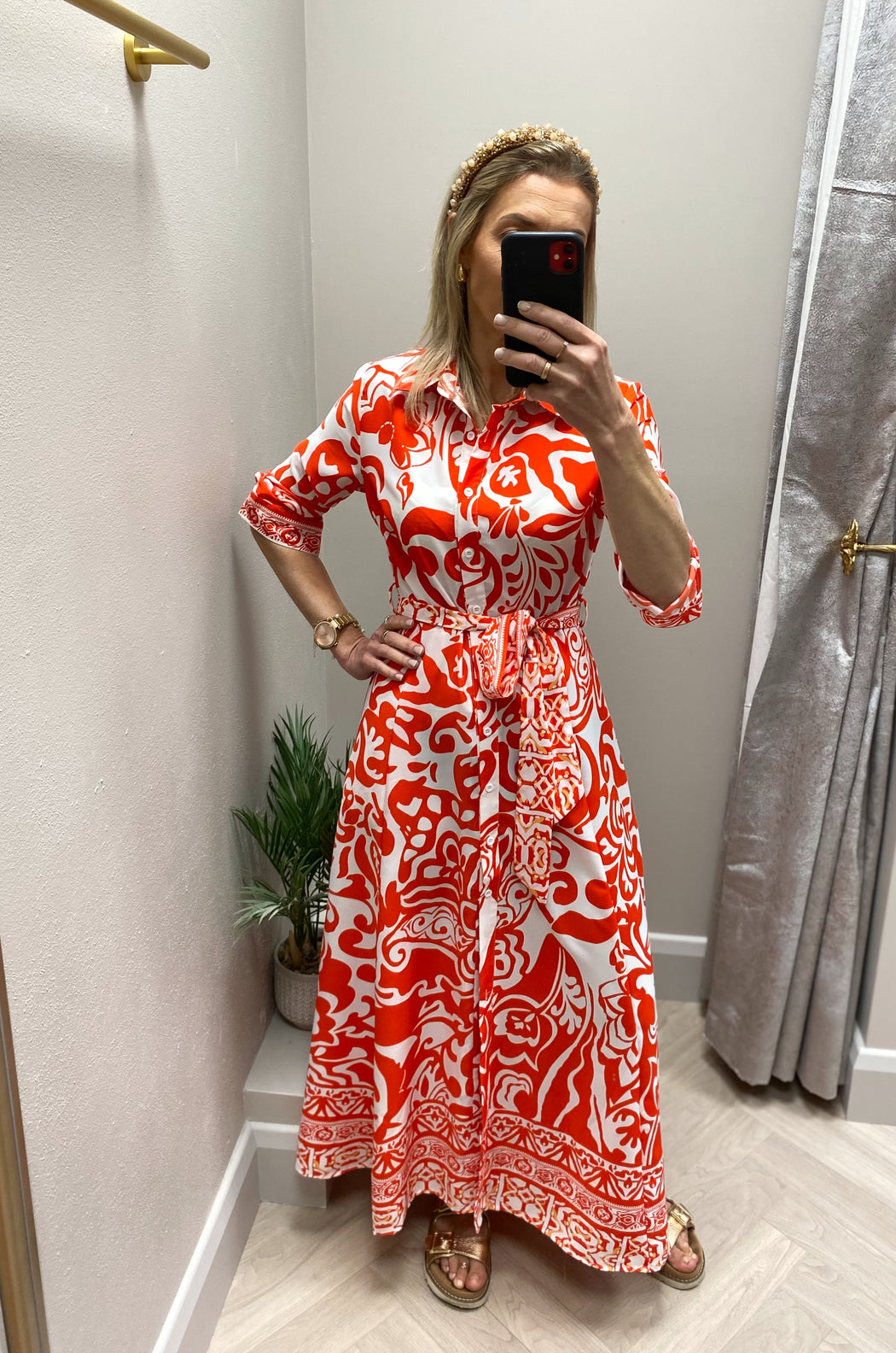 Angela Red Print Shirt Maxi Dress