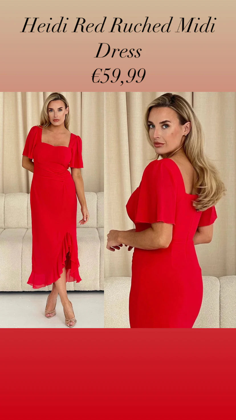 Heidi Red Ruched Midi Dress