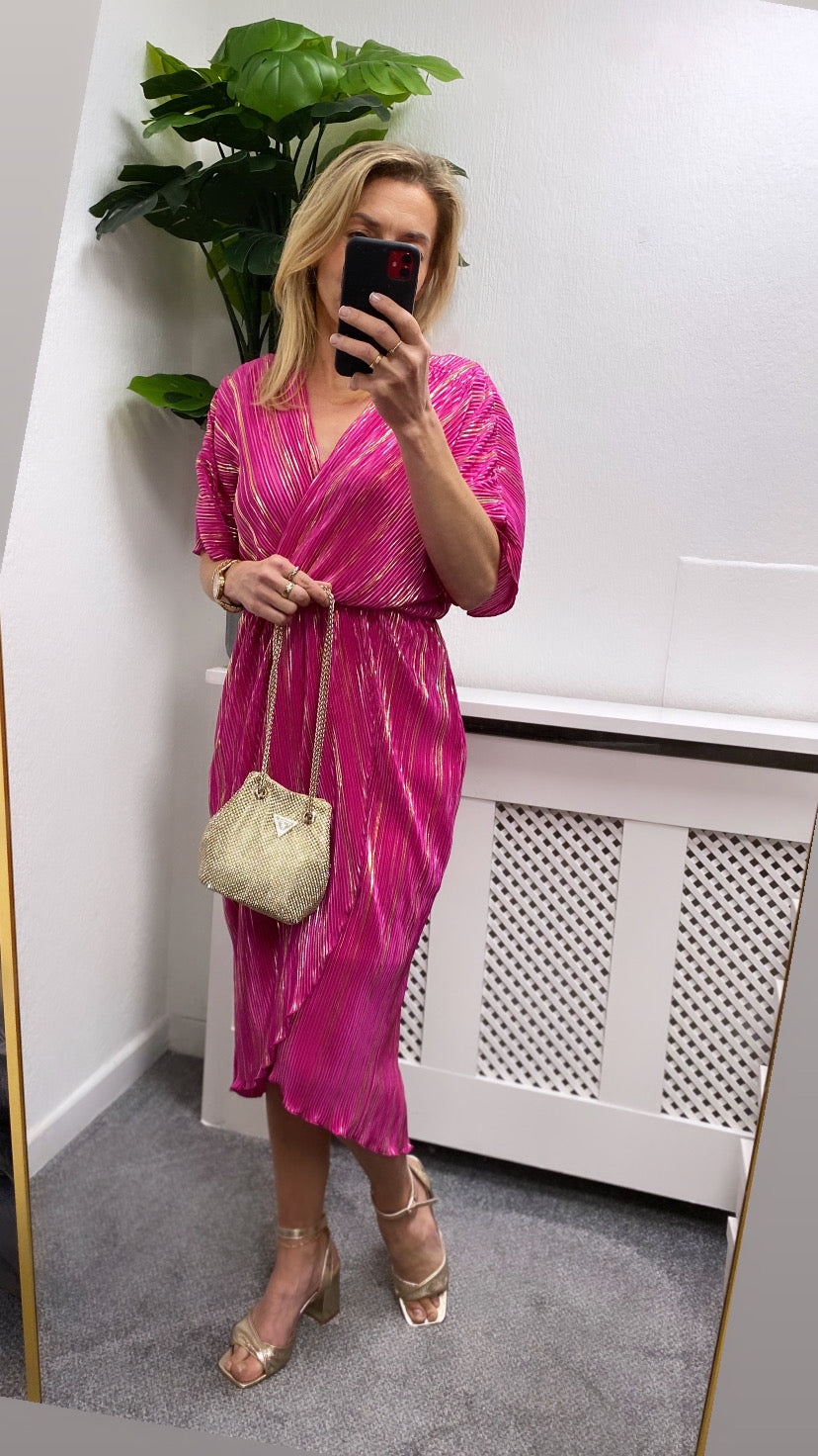 Chelsea Wrap Detailing Midi Dress Hot Pink