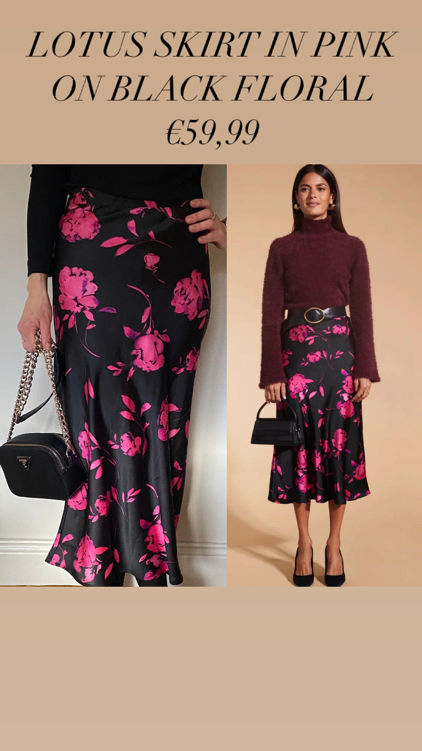 LOTUS SKIRT IN PINK ON BLACK FLORAL