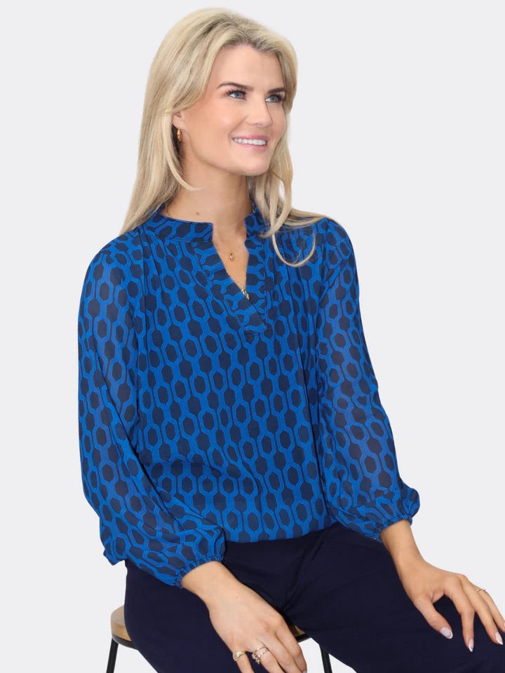 Bella band top in blue geo print