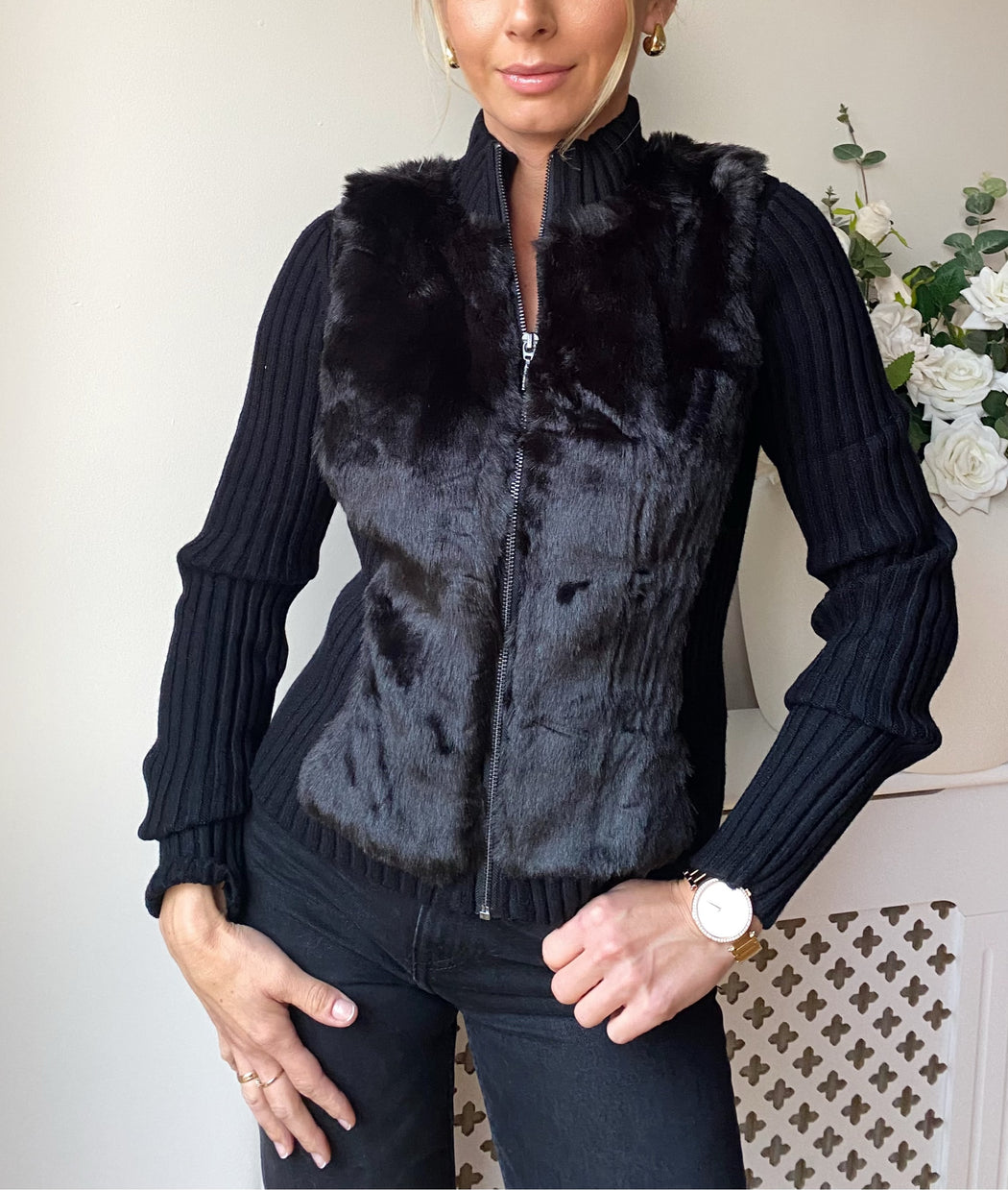 W4BR74Z2ZK2 Guess mila black faux fur zipped cardigan