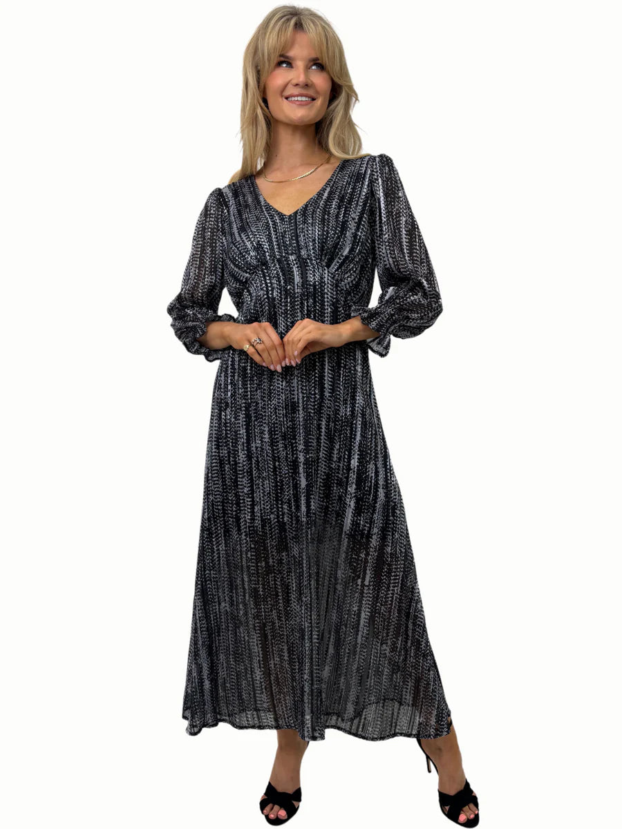 STREASA BLACK GREY PRINT MIDI DRESS