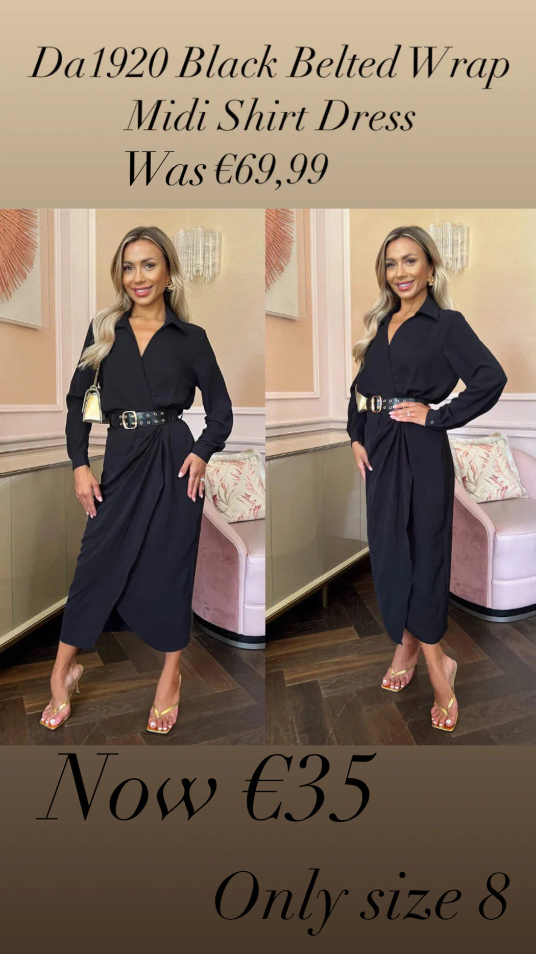 Da1920 Black Belted Wrap Midi Shirt Dress