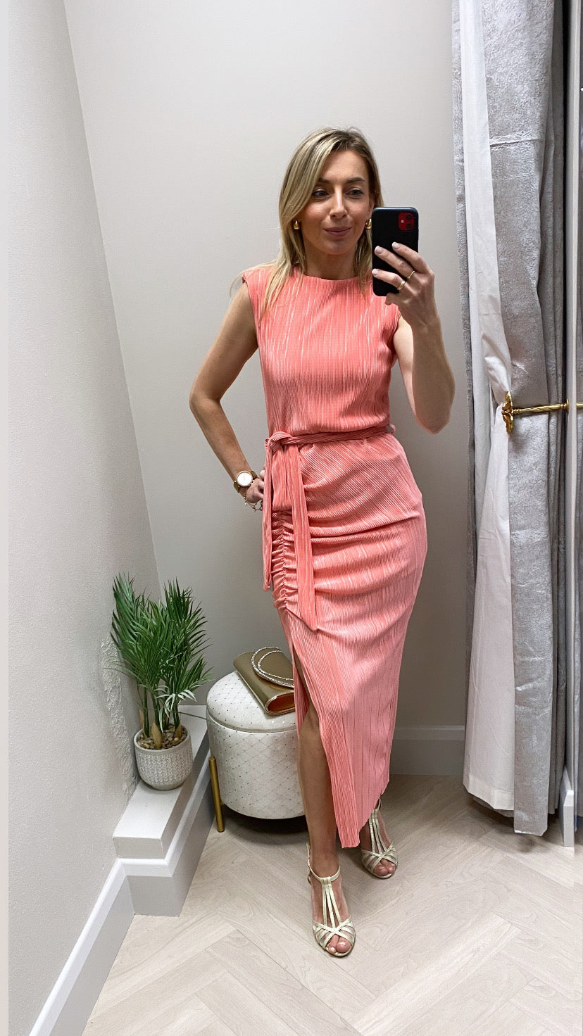 Elena Ruched Seamed Midi Dress Coral