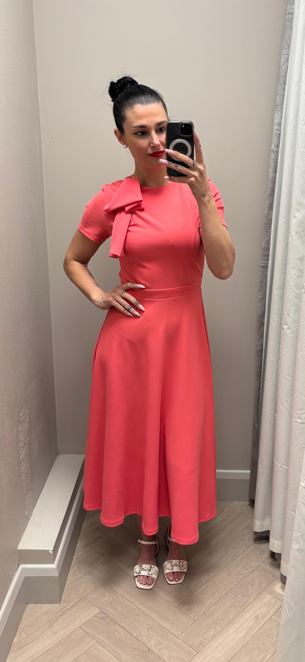 Minta Bow Detail Short Sleeve Midi Dress Coral