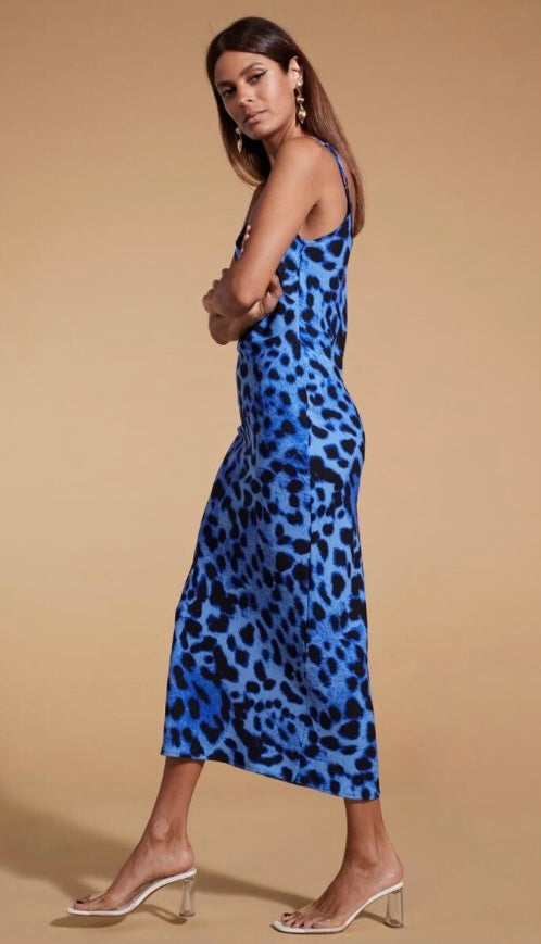 SIENNA MIDAXI SLIP DRESS IN BRIGHT BLUE LEOPARD