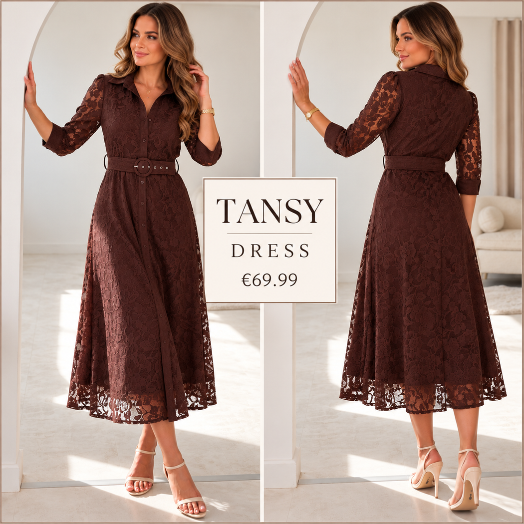 Tansy 3/4 Sleeve Lace Shirt Dress Brown