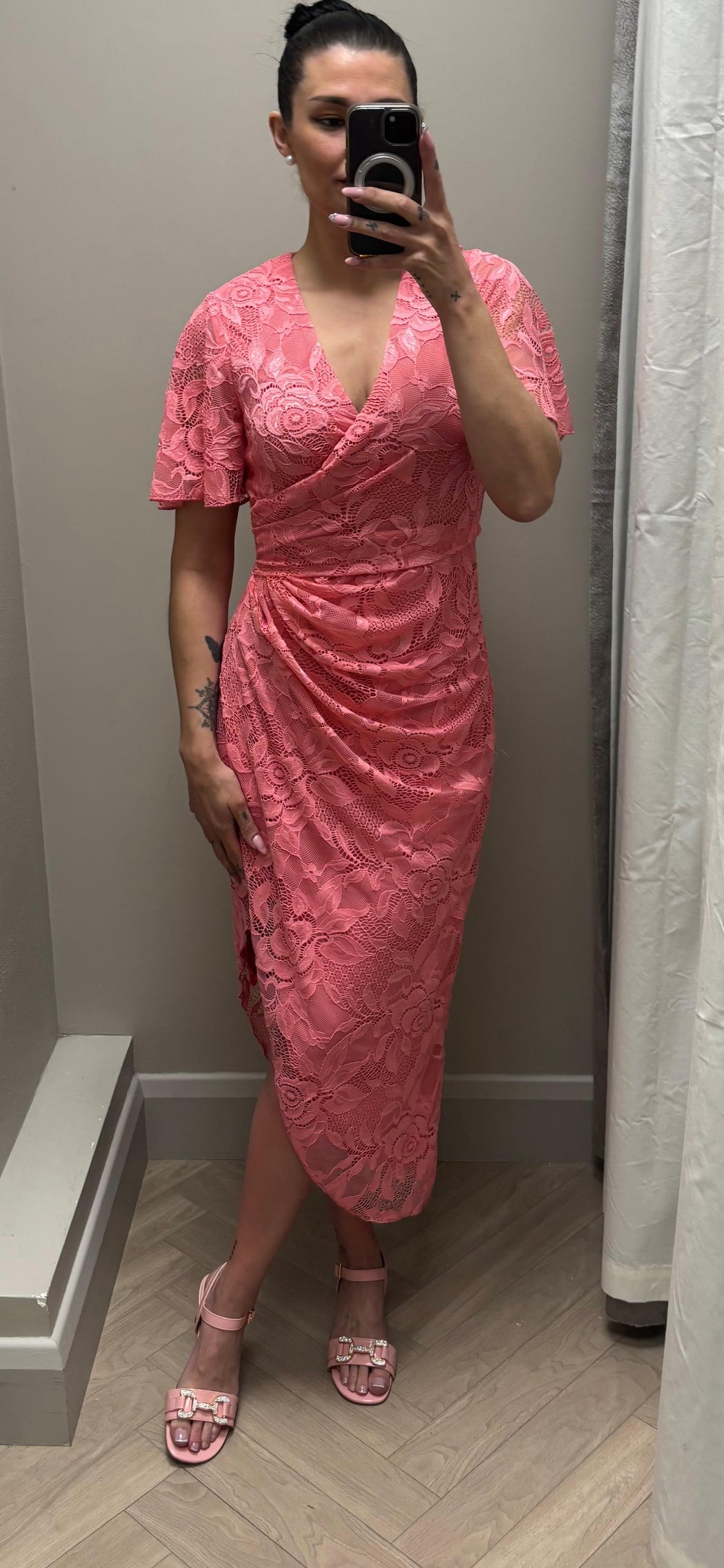 Natasha Angel Sleeve Wrap Midi Dress In Pink Lace