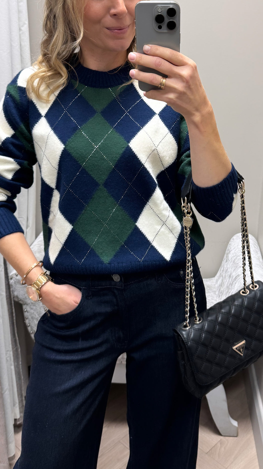 Guess Gracie Argyle Sweater Navy. W6BR48Z1447