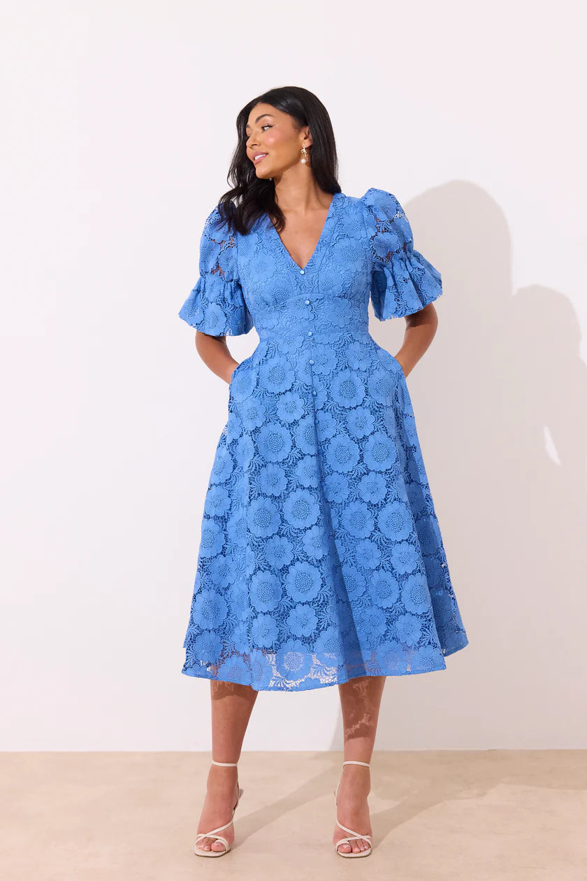 CALLIE CROCHET LACE MIDI DRESS - CORNFLOWER BLUE