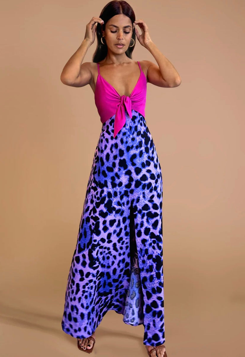 FLORENCE DRESS IN MAGENTA AND LILAC LEOPARD MIX
RECYCLED MATERIALS