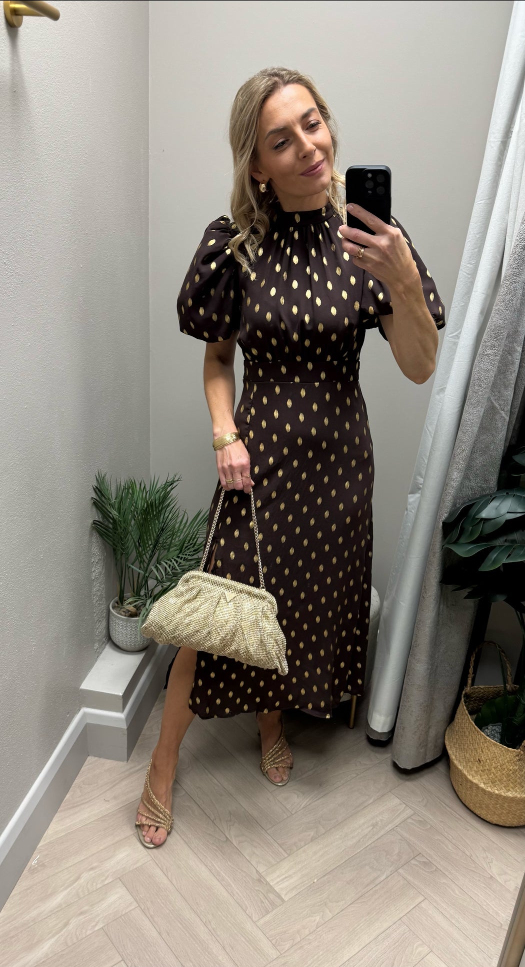 Lilith Brown & Gold Puff Sleeve High Neck Midi Dress