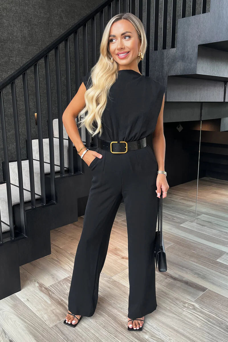 Pa654 Black Boat Neck Belted Wide Leg Jumpsuit