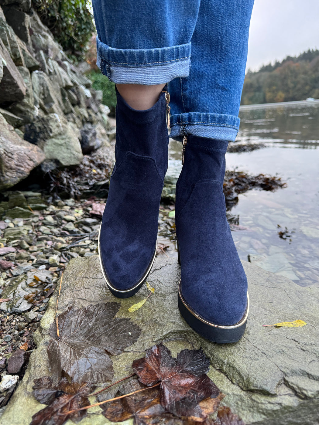 Poole sapphire navy wedge boots