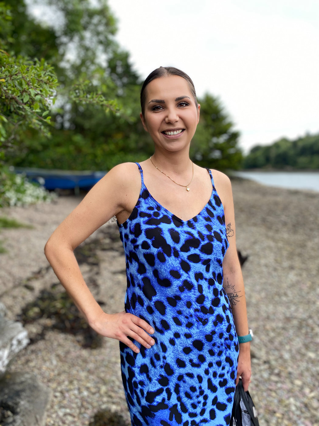 SIENNA MIDAXI SLIP DRESS IN BRIGHT BLUE LEOPARD