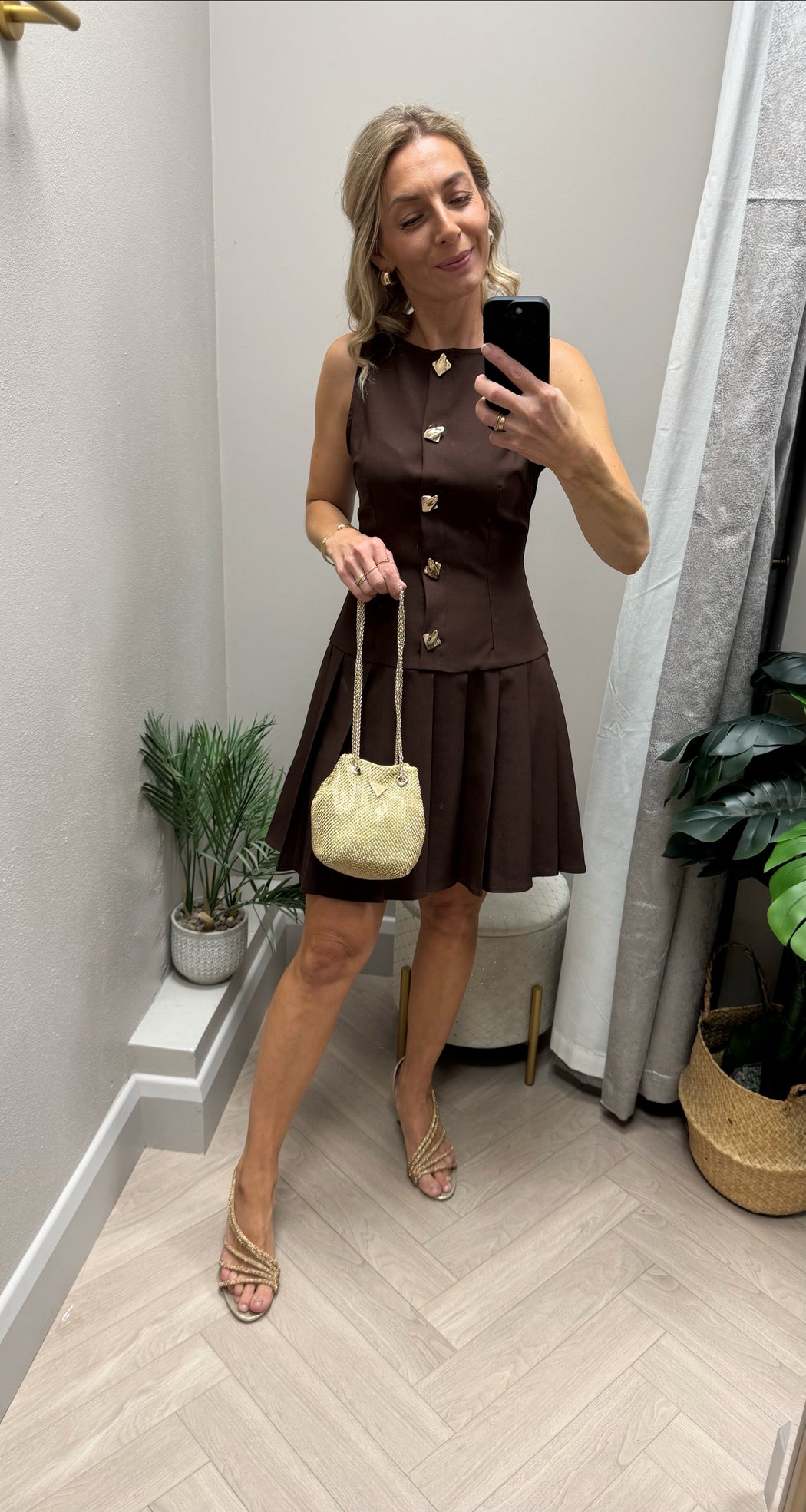 Penelope Tailored Pleated Mini Dress Brown