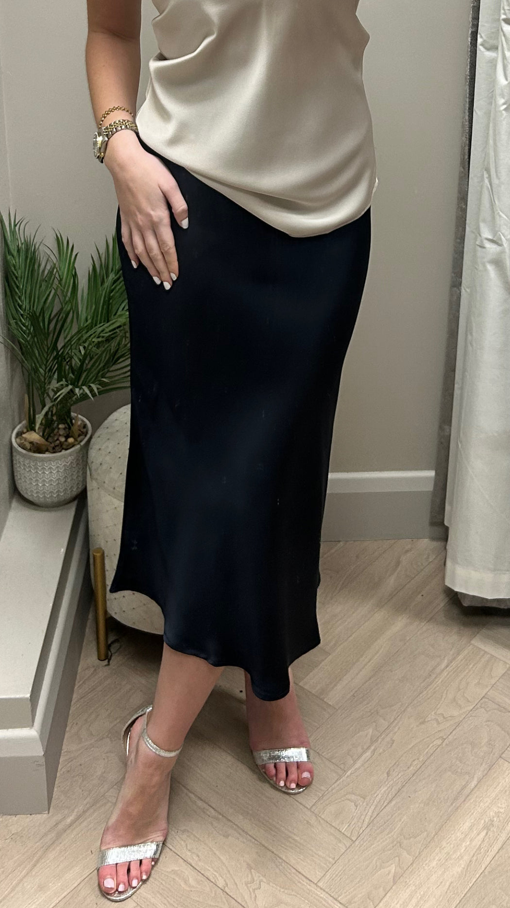 Navy satin Kansas midi skirt