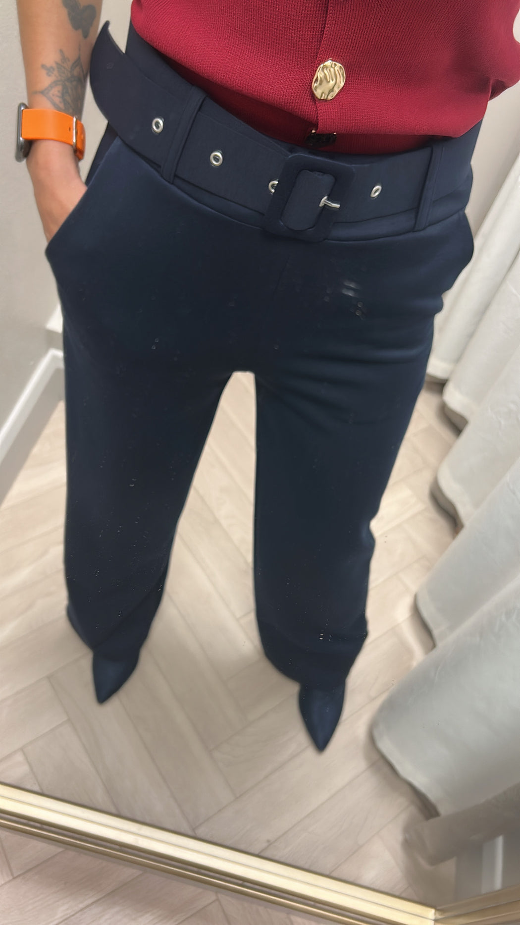 Navy belted trousers