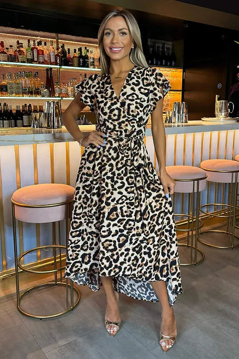 DA1998 Multi Leopard Print Short Sleeve Belted Wrap Midi Dress