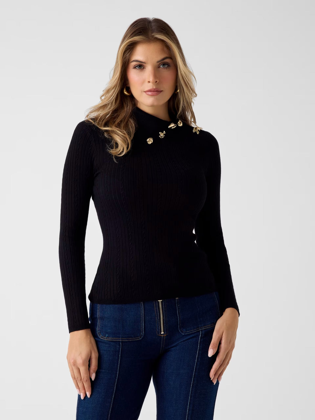 Guess black knit jumper with gold button detail w6rr07z2yk2-JBLK