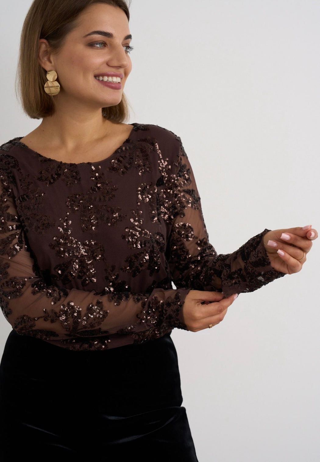 Brown signet sequinned top