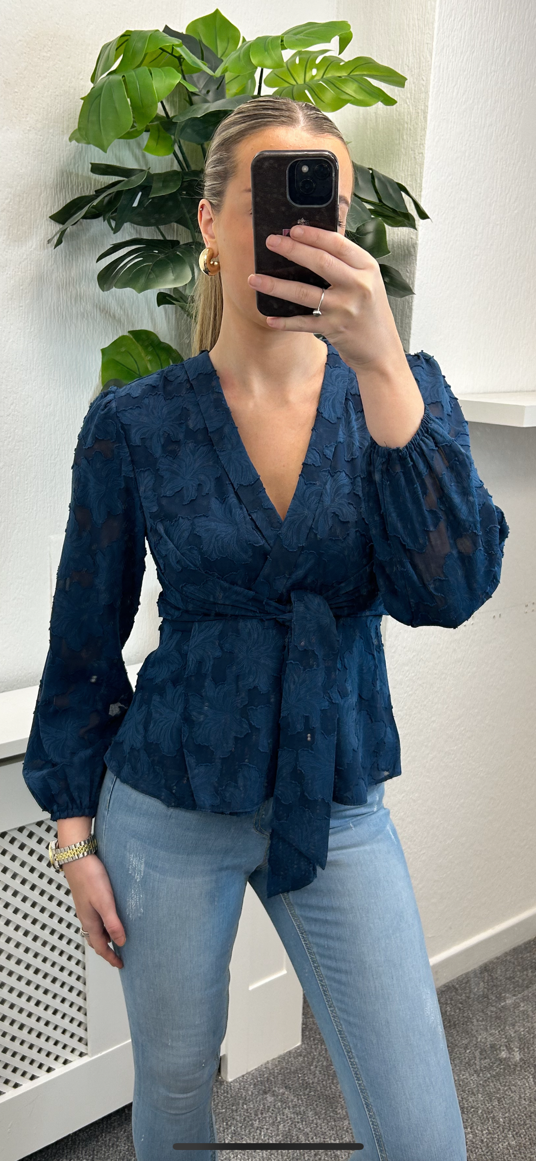 Brooke Wrap Navy Tie Long Sleeve Burnout