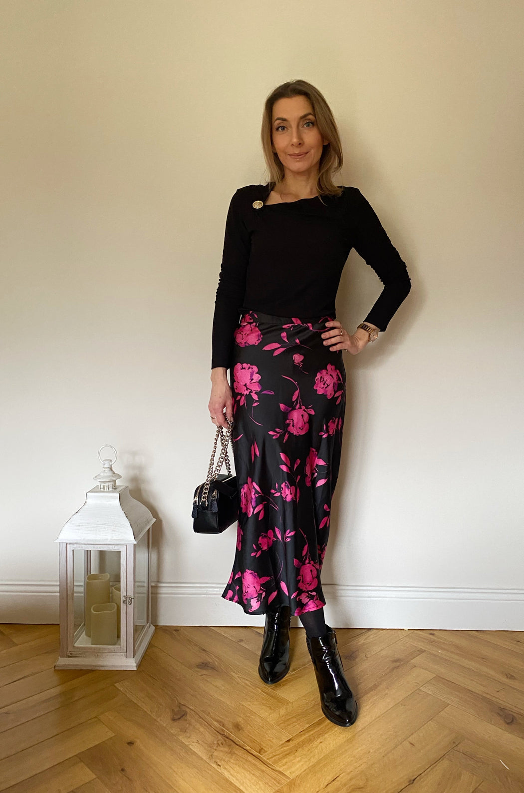 LOTUS SKIRT IN PINK ON BLACK FLORAL