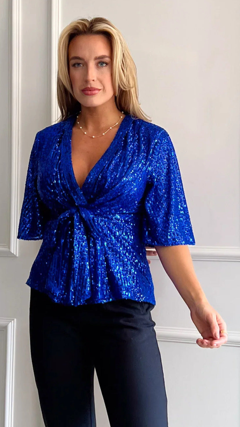 Brooke Cobalt Sequin Wrap Detail Top