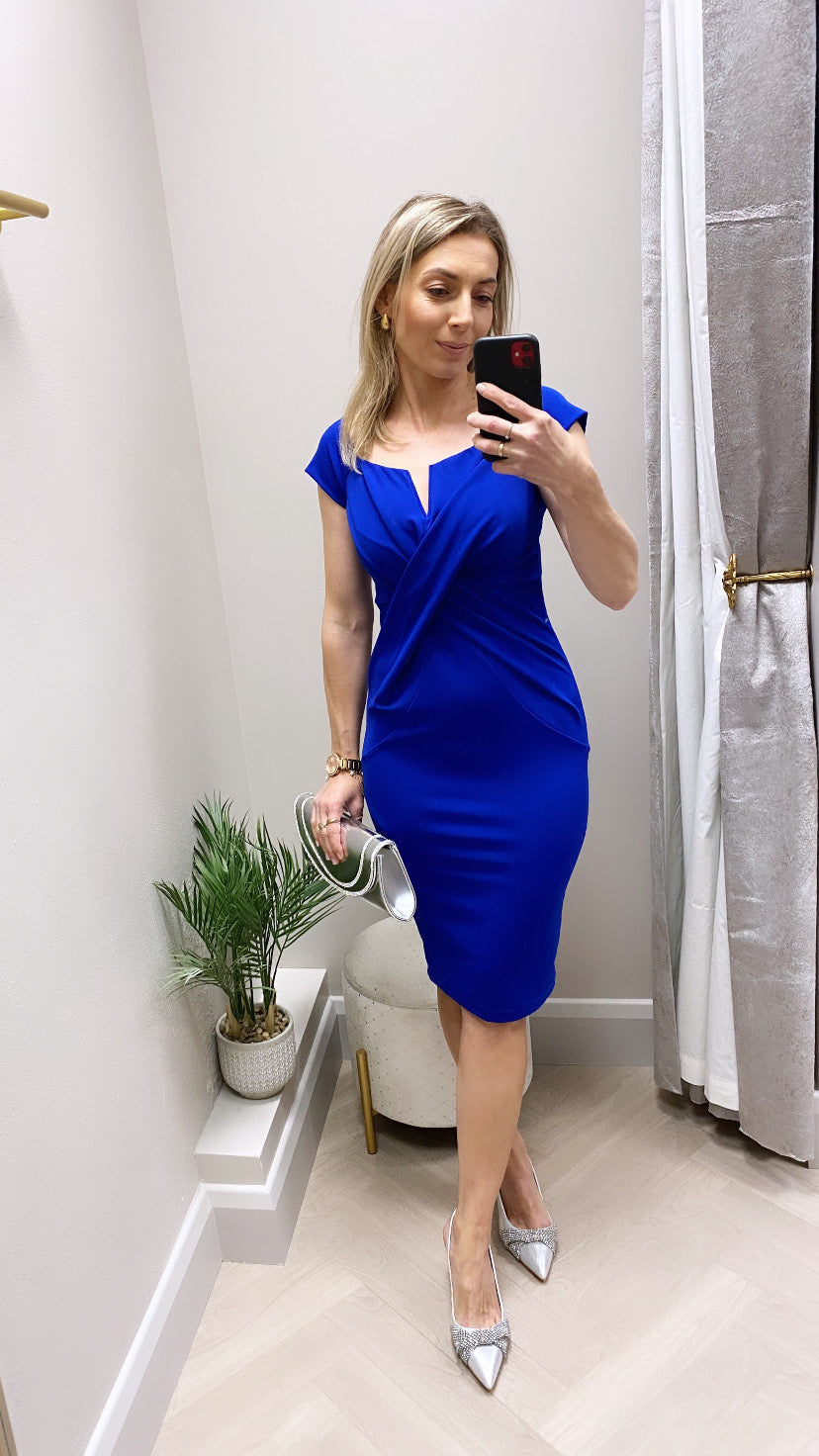 Halo Off The Shoulder Twist Detail Midi Dress Cobalt