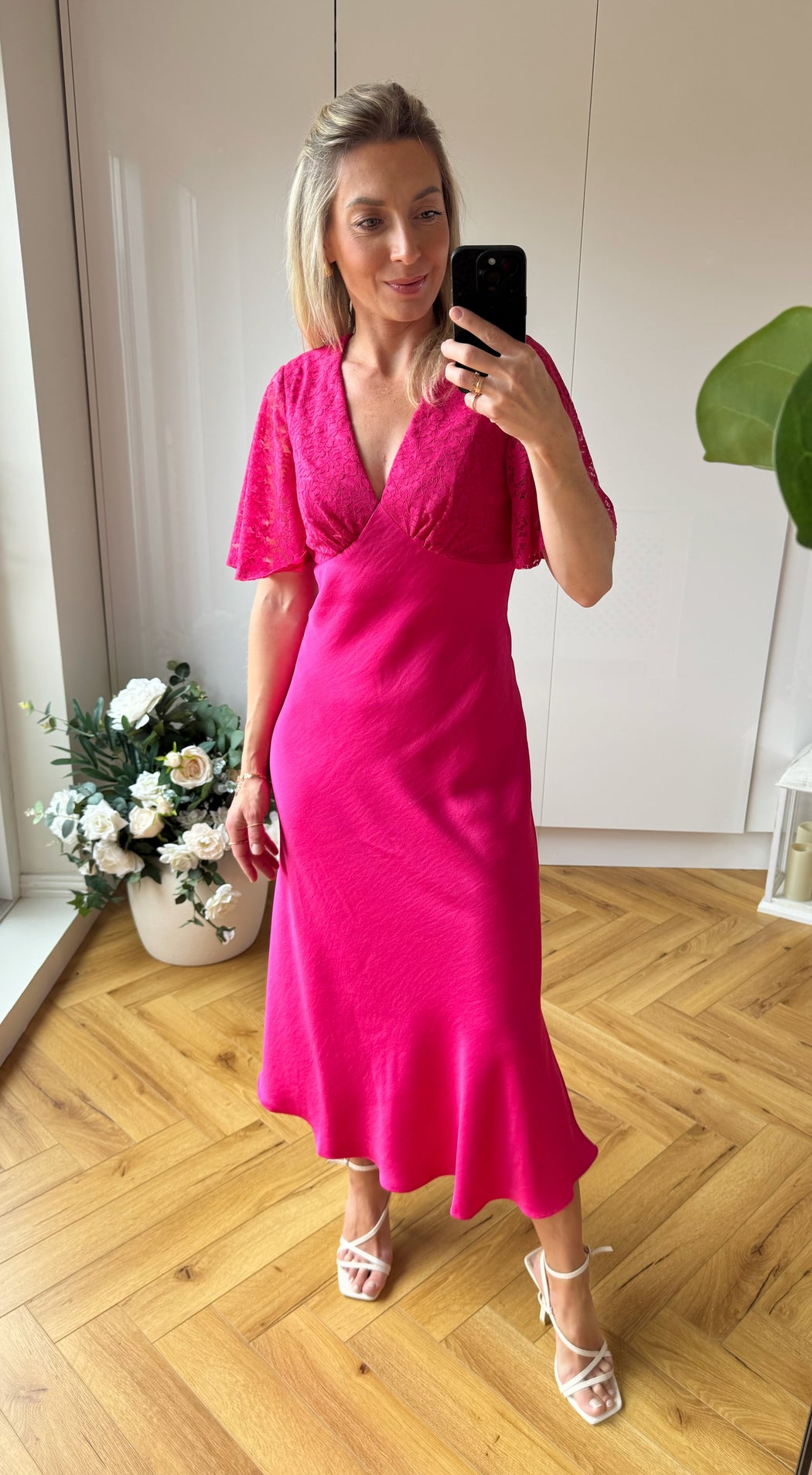 Pink Lace Satin Midi Dress