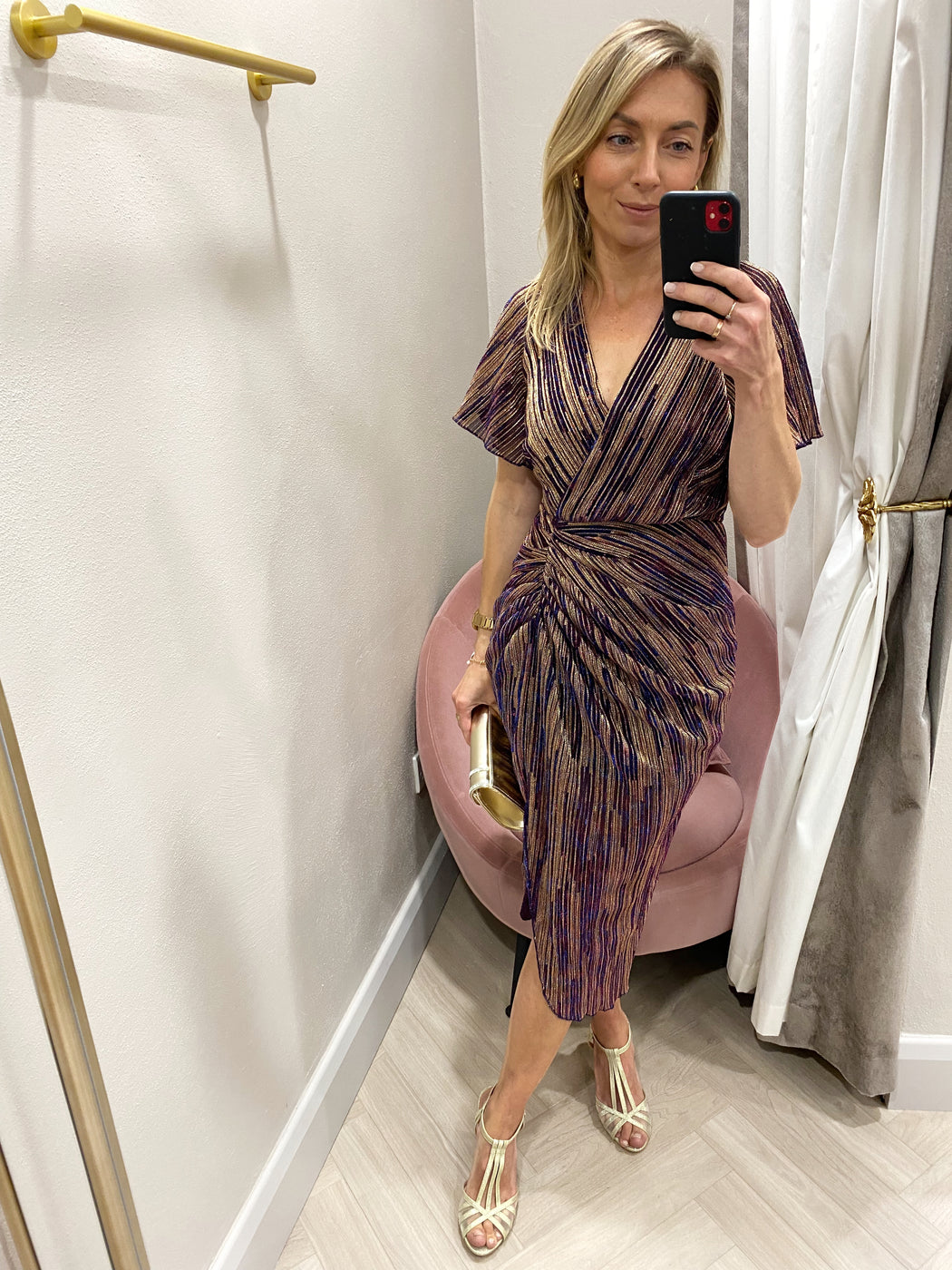 Isla wine & gold Metallic midi dress