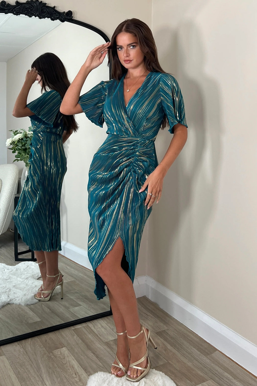 Isla Teal & Gold Metallic Midi Dress