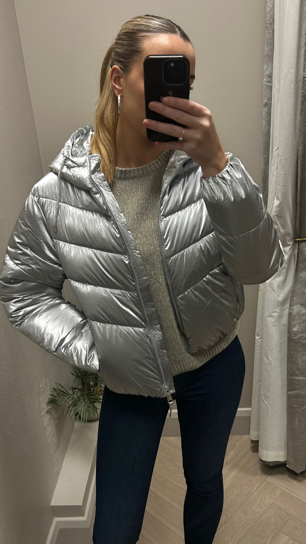 Plata metallic hooded puffer